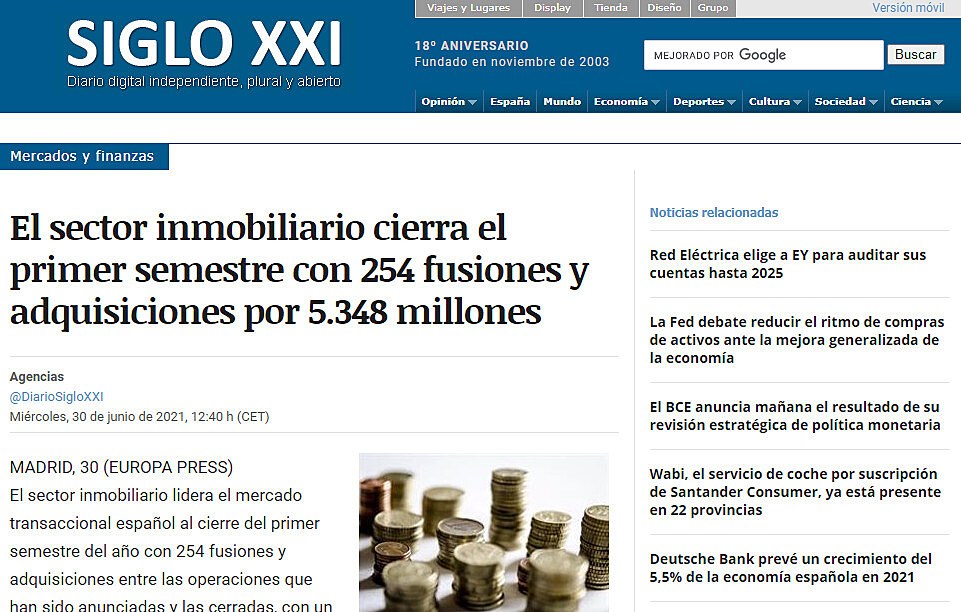 El sector inmobiliario cierra el primer semestre con 254 fusiones y adquisiciones por 5.348 millones